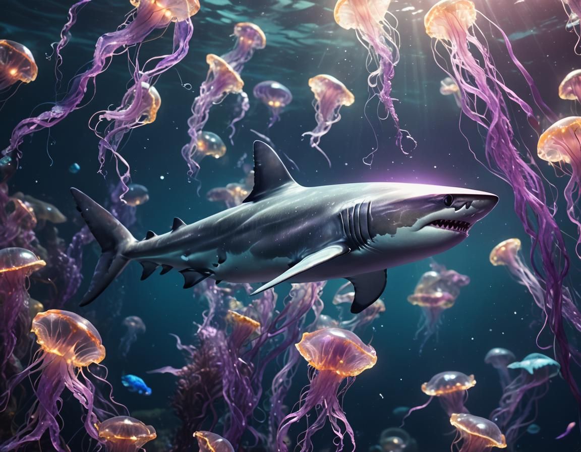 Glowing Glass Shark in Bioluminescent Ocean Scene