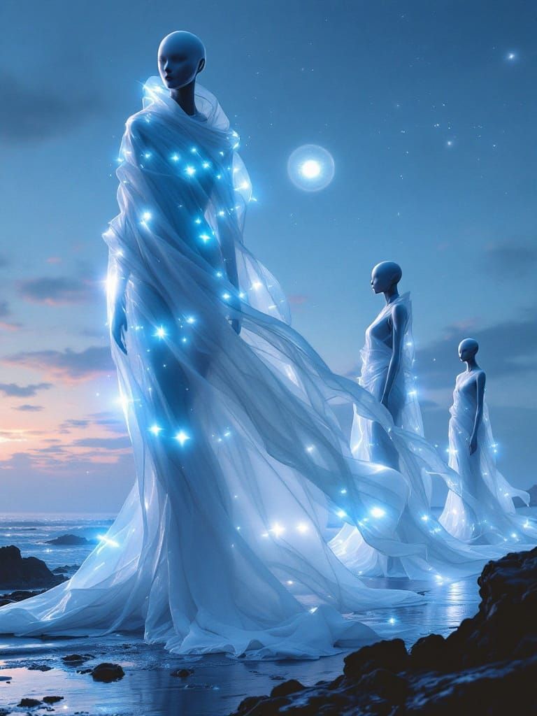 Androgynous Figures on Alien Coast as Digital Art