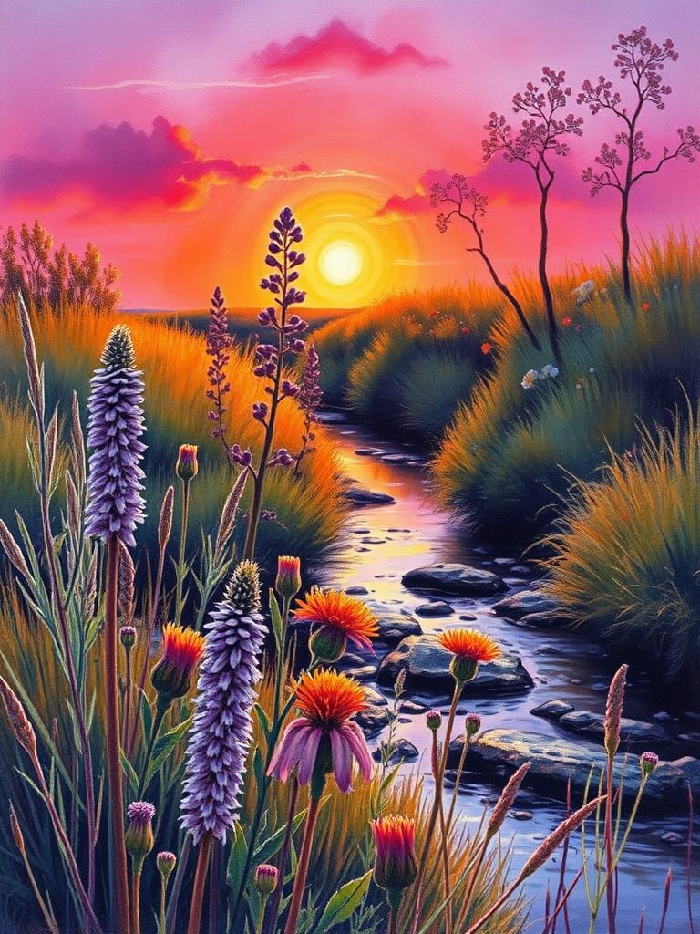 Vibrant Wildflowers Bloom Beside a Serene Creek in Warm, Exp...