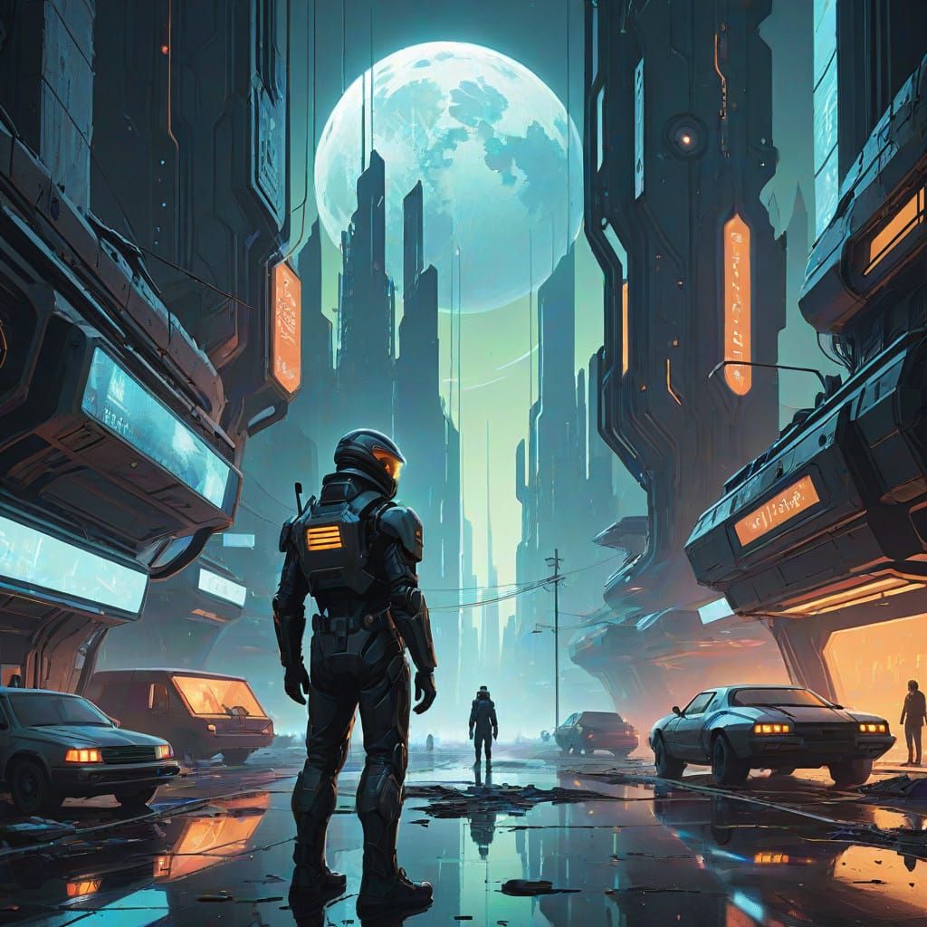 Futuristic Leader Contemplates Ruin and Progress