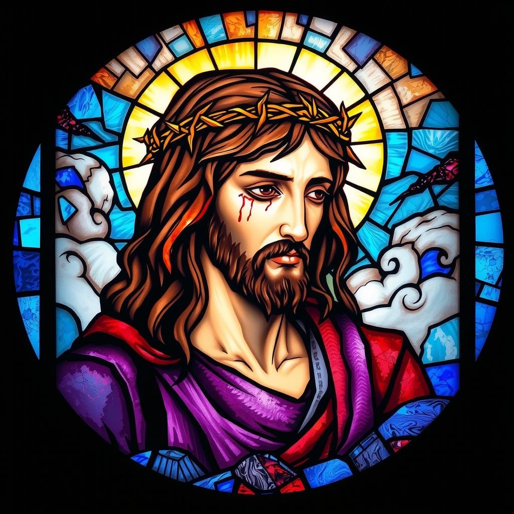 Stained Glass Masterpiece of Jesus with Crown of Thorns in M...
