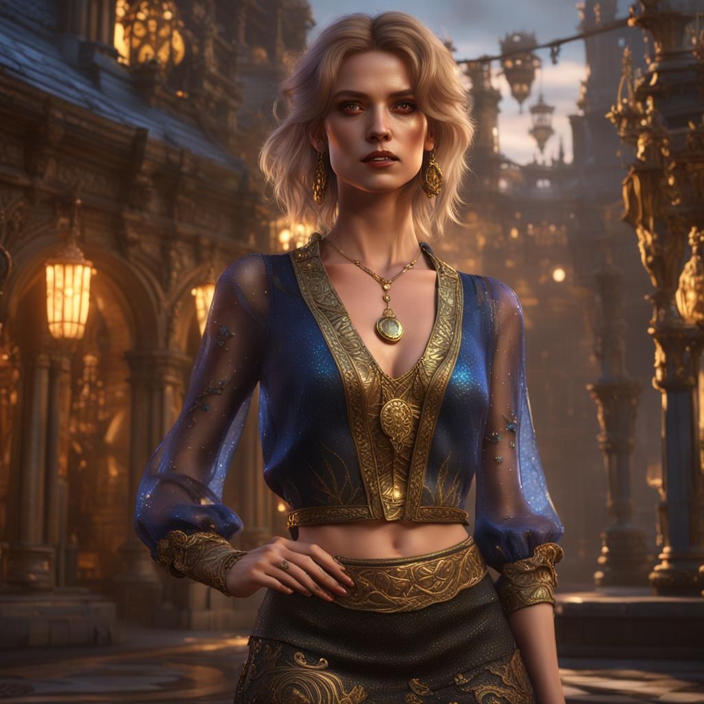 Woman in Sheer Blouse: Detailed Matte Painting