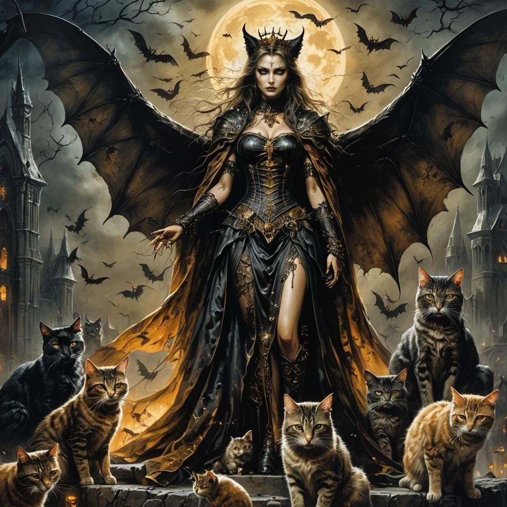 Halloween Goddess with Bat Wings and Cats