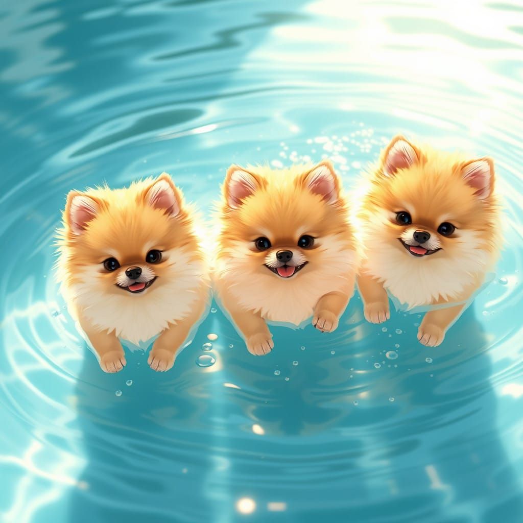 Three Pomeranians Play in a Serene 3D Anime Pool Scene