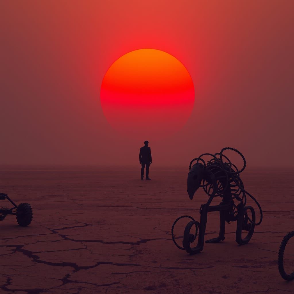 Solitary Figure in Blood-Red Desert Sunset
