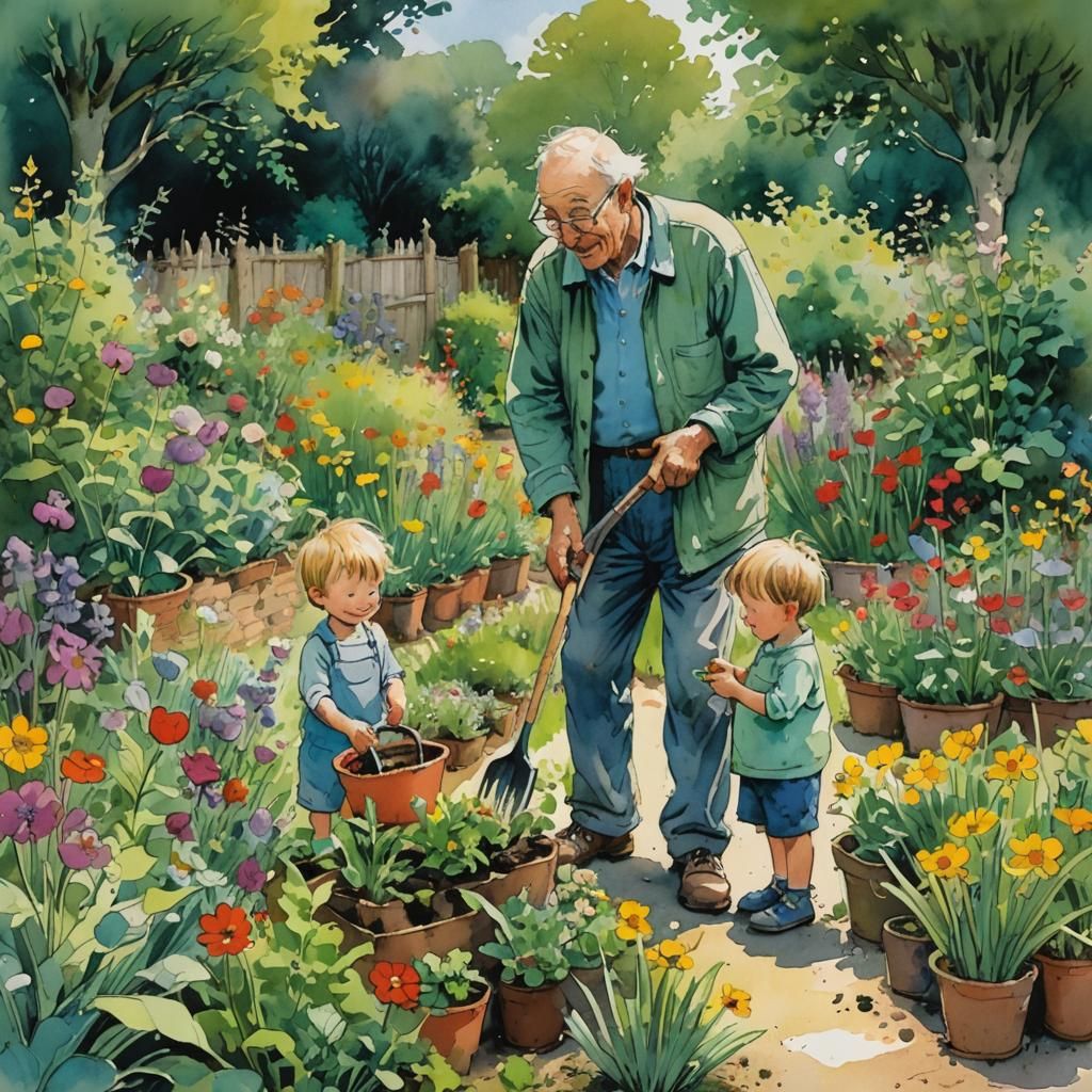 Grandfather and Child Gardening Illustration