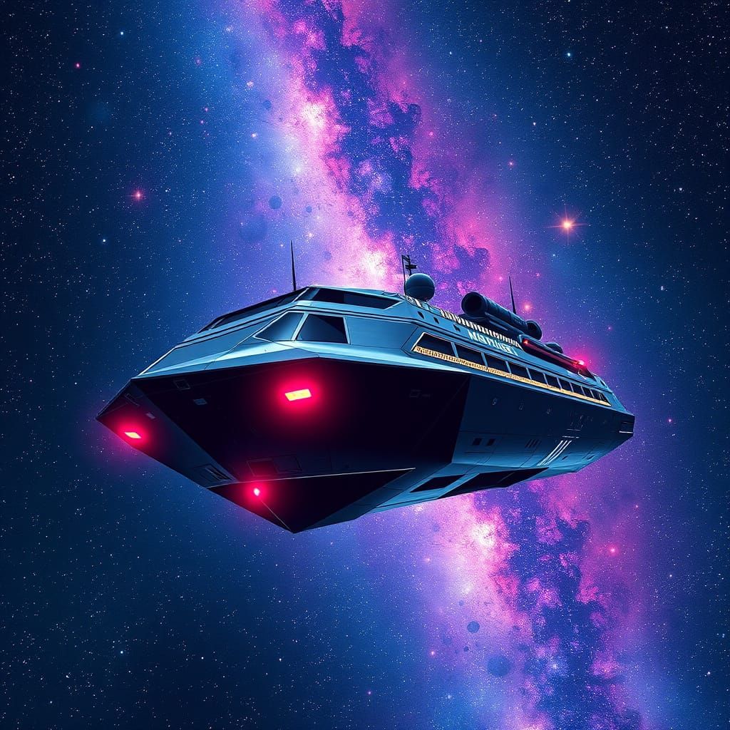 Sleek Futuristic Cargo Cruise Ship Sails Through Starry Gala...