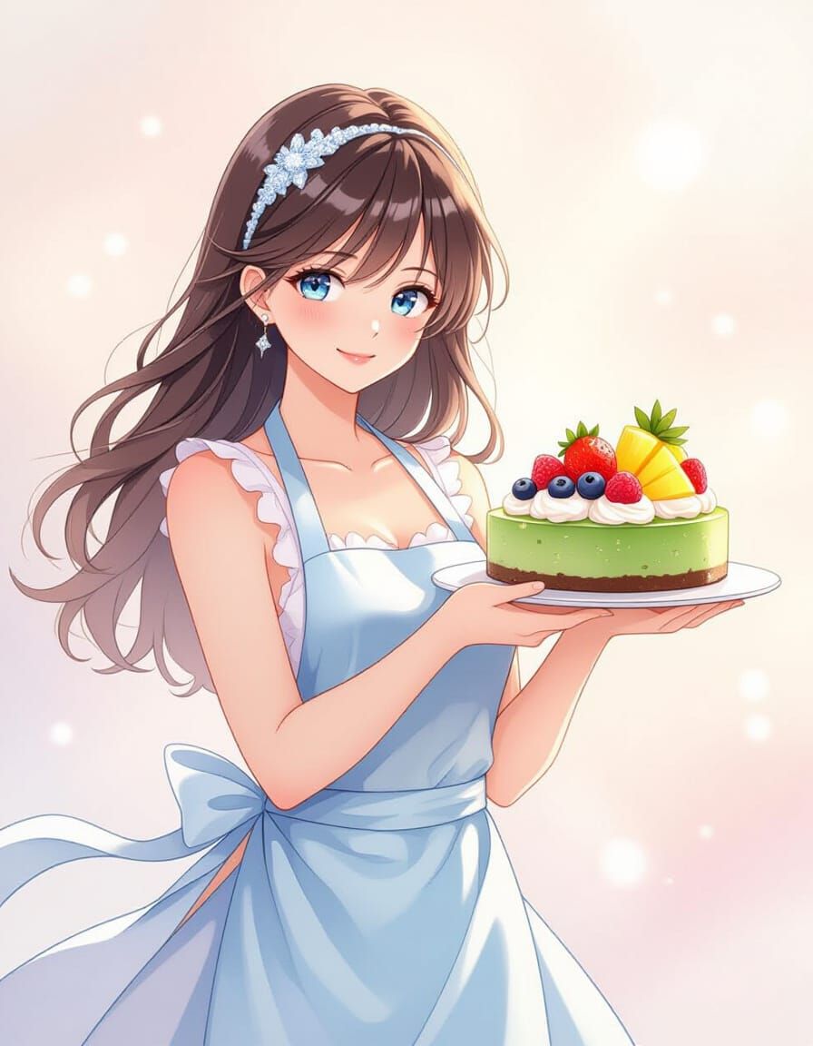 Celestial Baker Holding Matcha Cheesecake, Anime Style