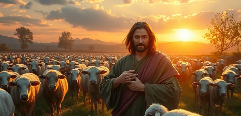 The Good Shepherd and the Great Flock in Majestic Landscape