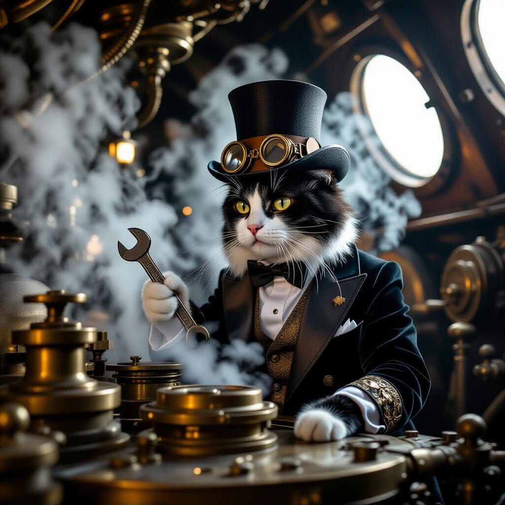 Dapper Tuxedo Cat in Steampunk Airship Engine Room