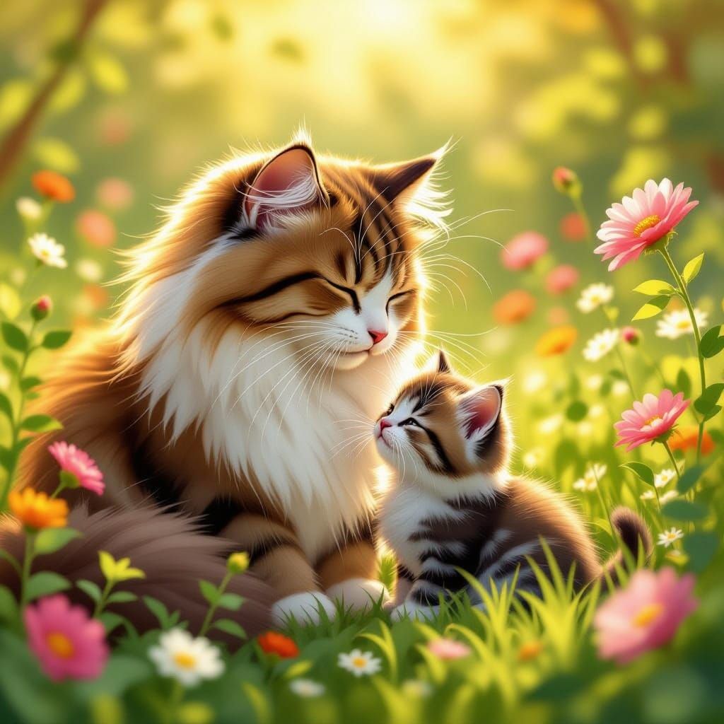 Persian Mother Cat Gently Grooms Her Kitten in a Whimsical G...