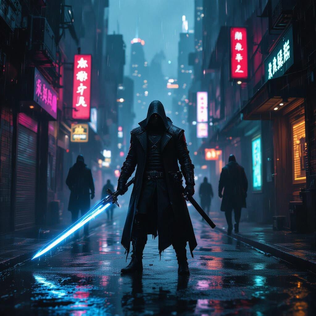 Cyberpunk Warrior with Energy Sword in Neon City