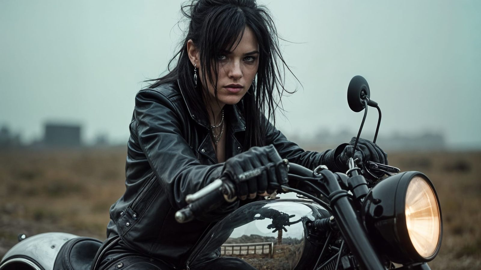 Gritty Realism: Woman on Chrome Motorcycle