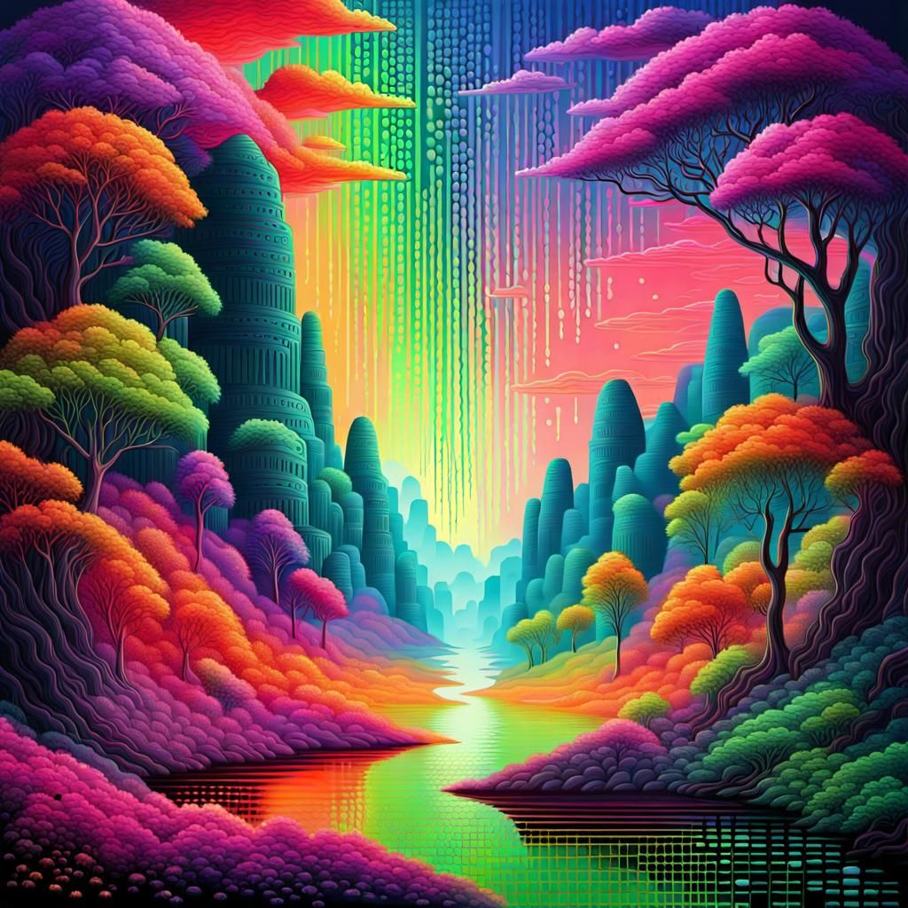 Fluorescent Binary Code Dreamscape in Digital Art Style
