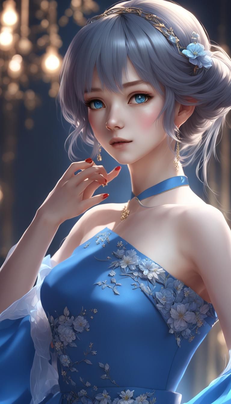 Anime Style Woman in Blue Dress, 3D Render