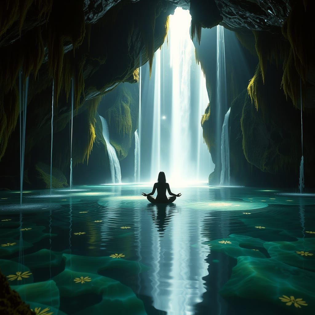 Subterranean Paradise Grotto with Bioluminescent Flora