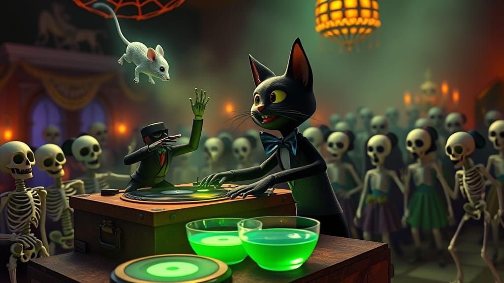 Dapper Cat DJ at Haunted Prom in Animated Style