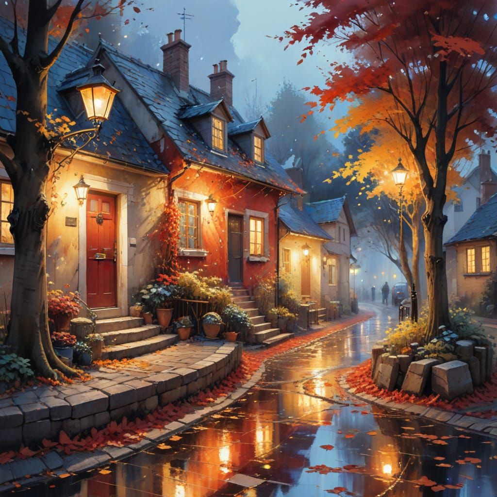 Whimsical Watercolour Village with Golden Light