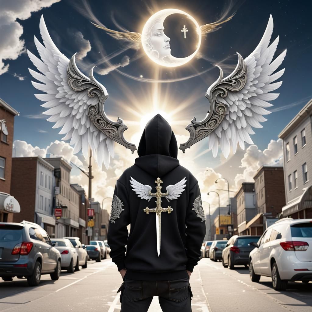 Street Life with Angel Wings and Sword
