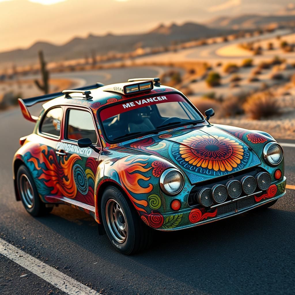Rally car wrapped in "Catherine wheel" artwork
