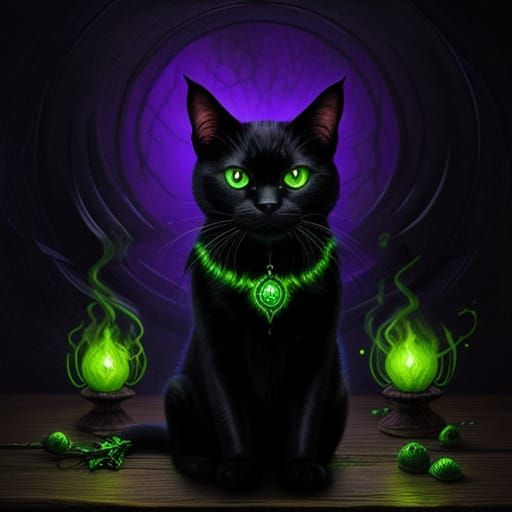 Fantasy Black Cat Familiar with Glowing Green Eyes