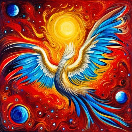Jeweled Phoenix Soaring Through Universe: Neo-Impressionist ...