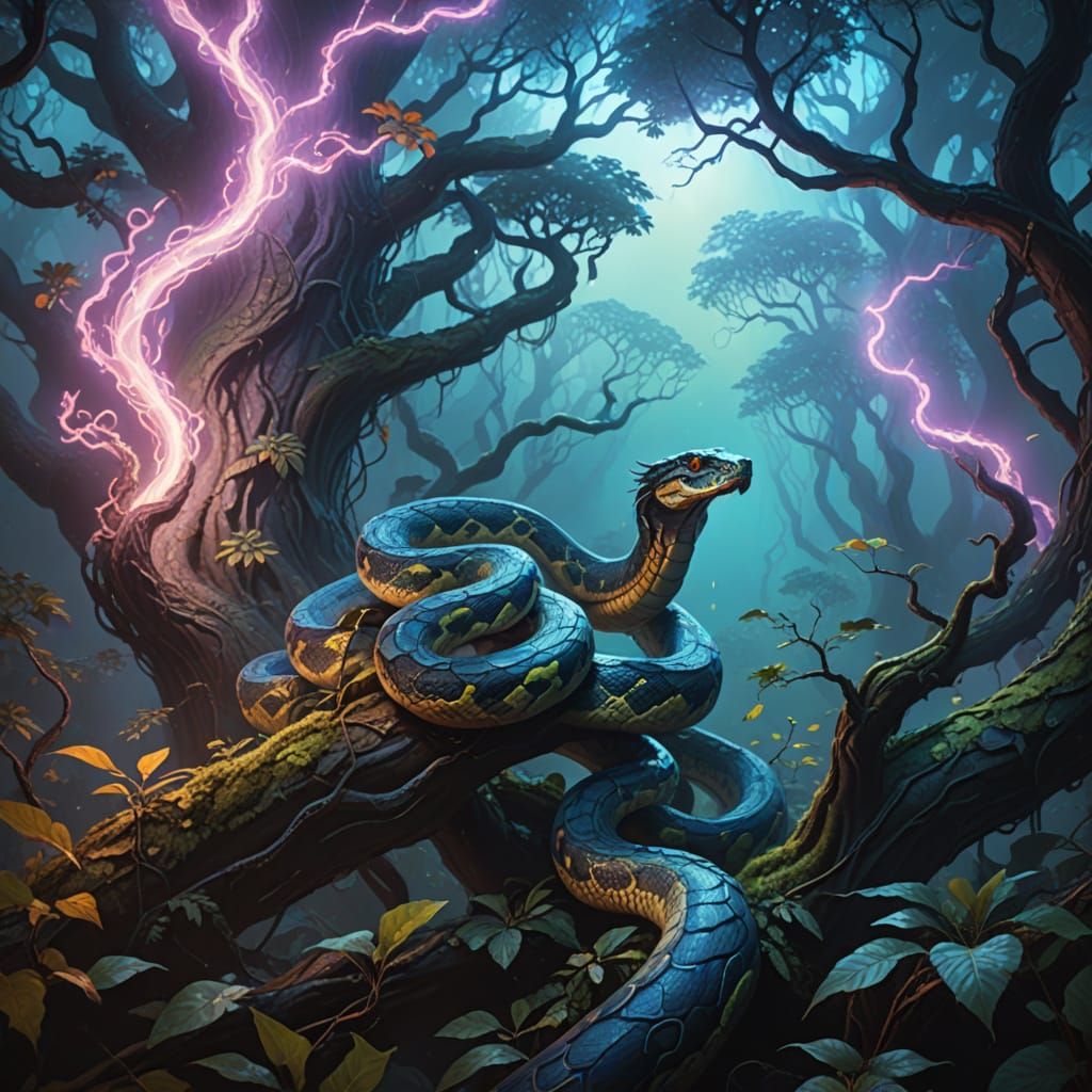 Mythic Serpent Entwines Ancient Tree in Luminous Forest