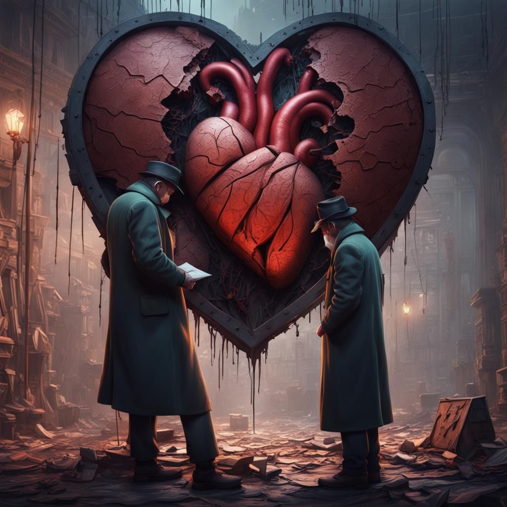 Private Investigators Inspecting a Broken Heart Drawing