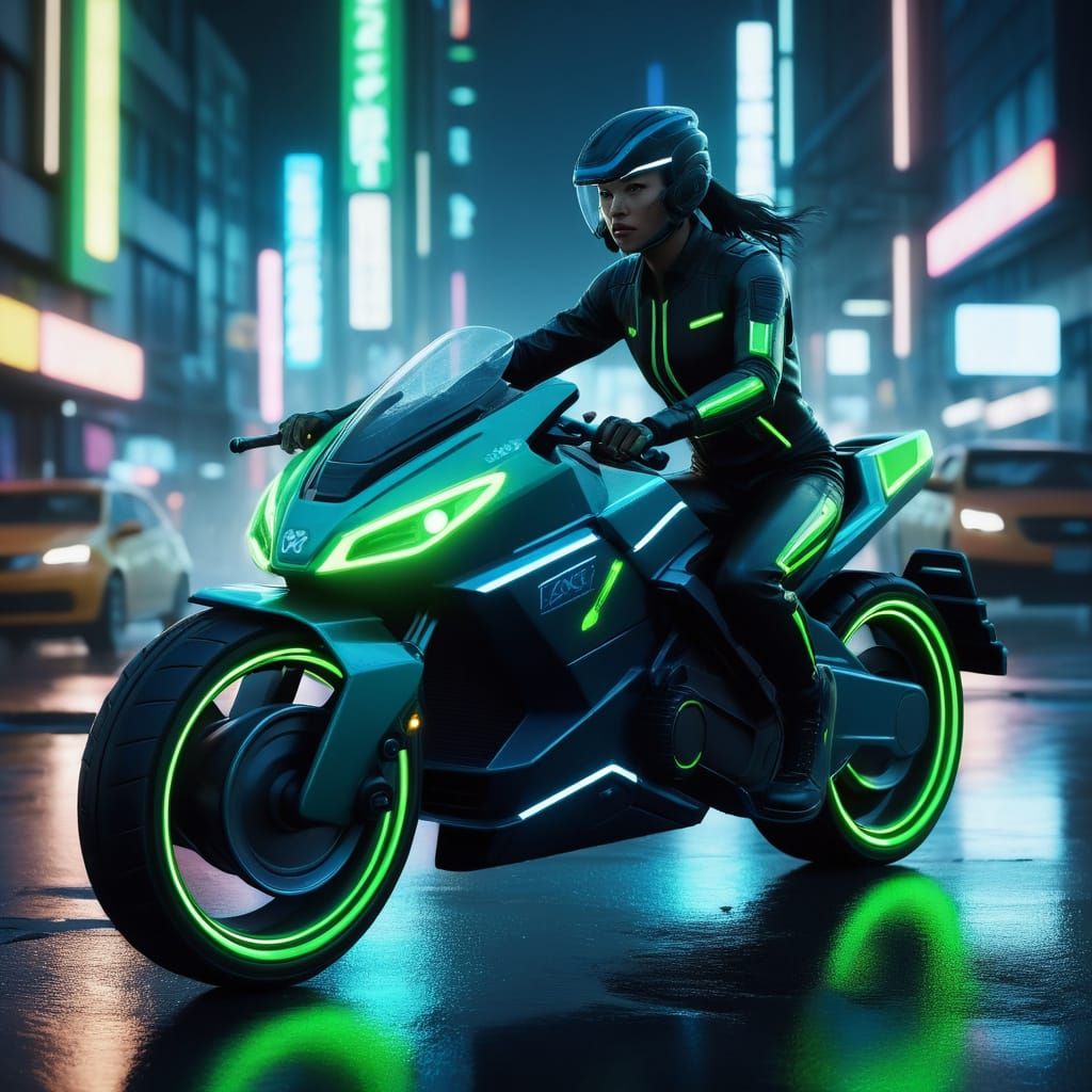 Cyberpunk Heroine Rides Hoverbike Through Rainy City