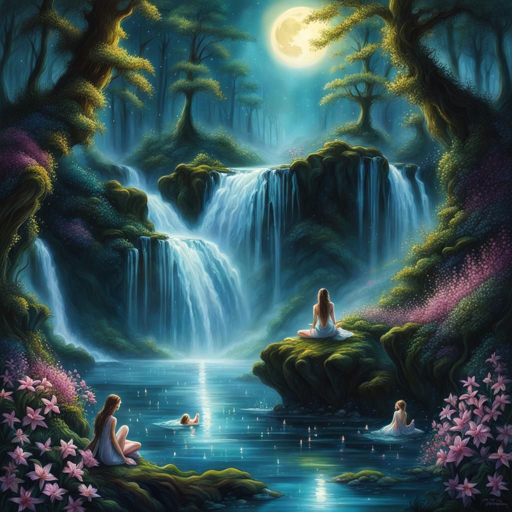 Nymphs bathing in the moonlight