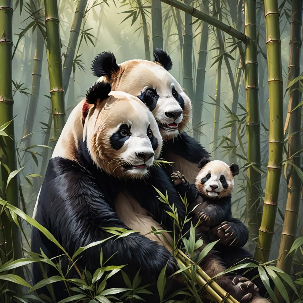 Panda Bear Family Portrait in Digital Art Style