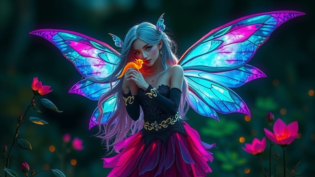 Iridescent Fairy Emerges from Mystical Garden at Dusk