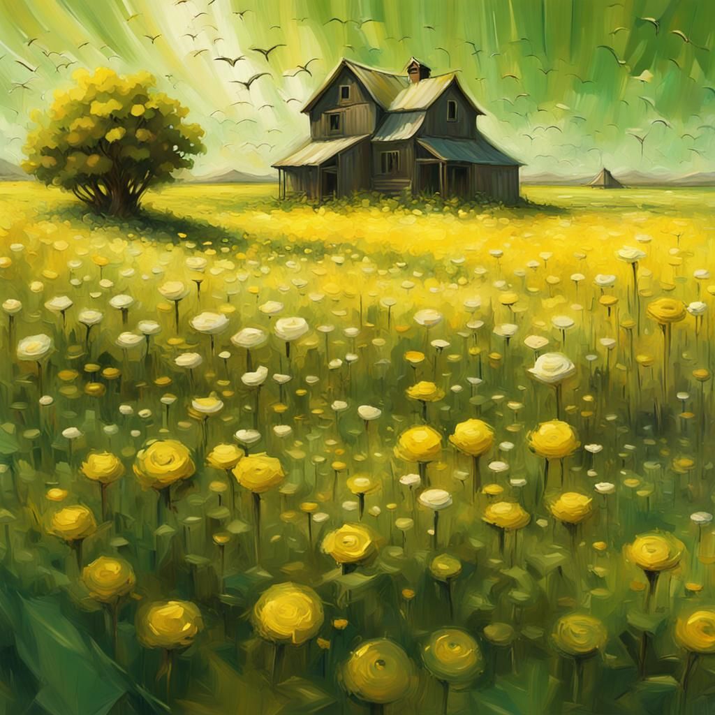 Farm with Flowers: Abstract Oil Painting
