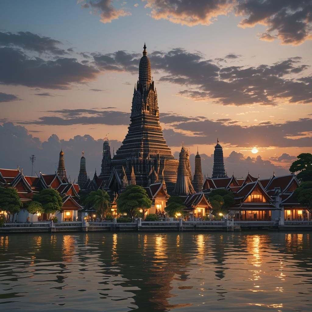 Wat Arun Sunset: Photorealistic Pagoda View in Anime Style