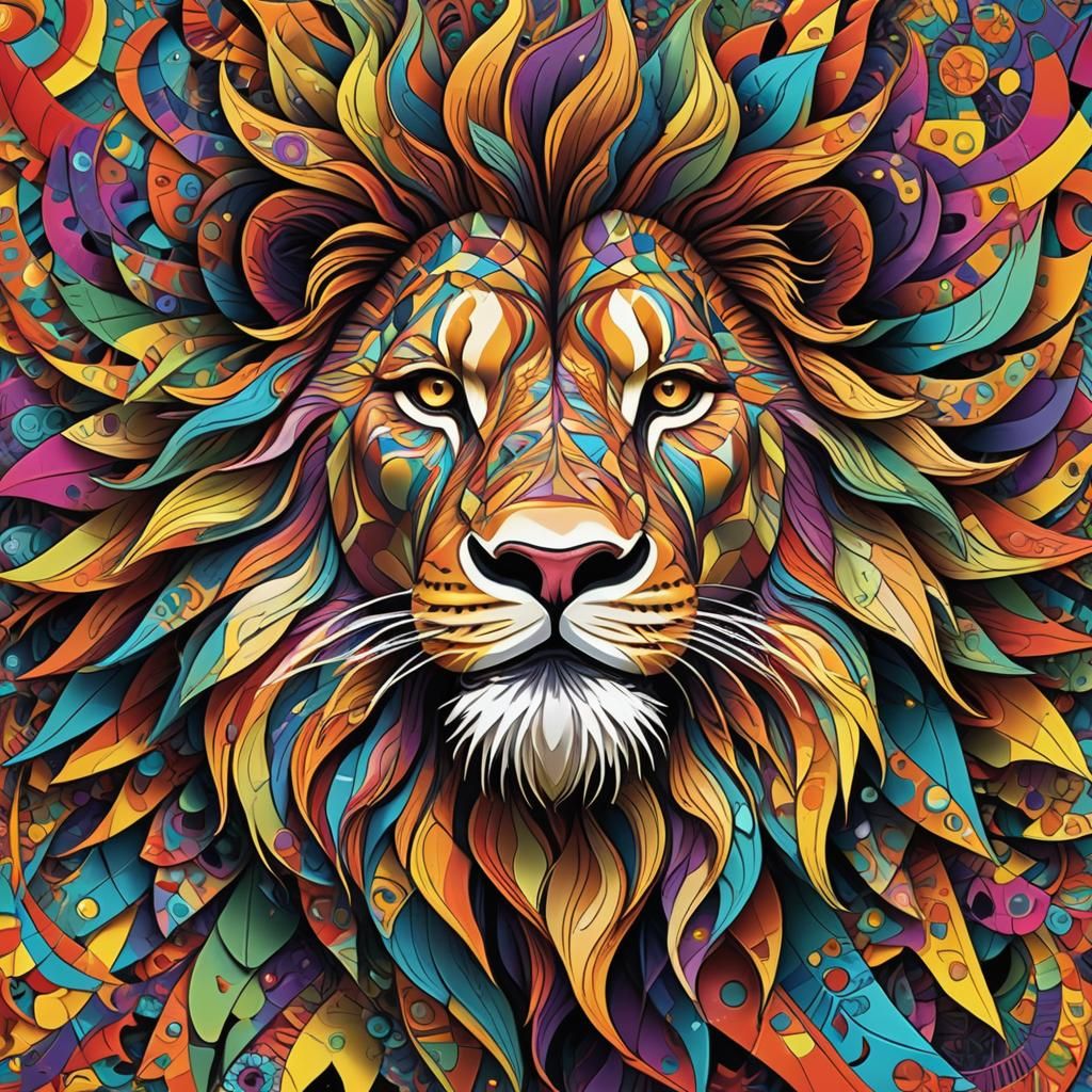 Abstract Geometric Lion in Bold Fractal Art