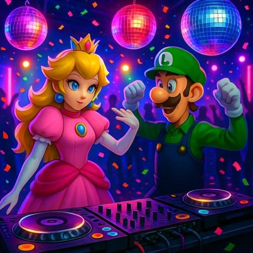 Peach and Luigi DJ Party in Neon Futuristic Style