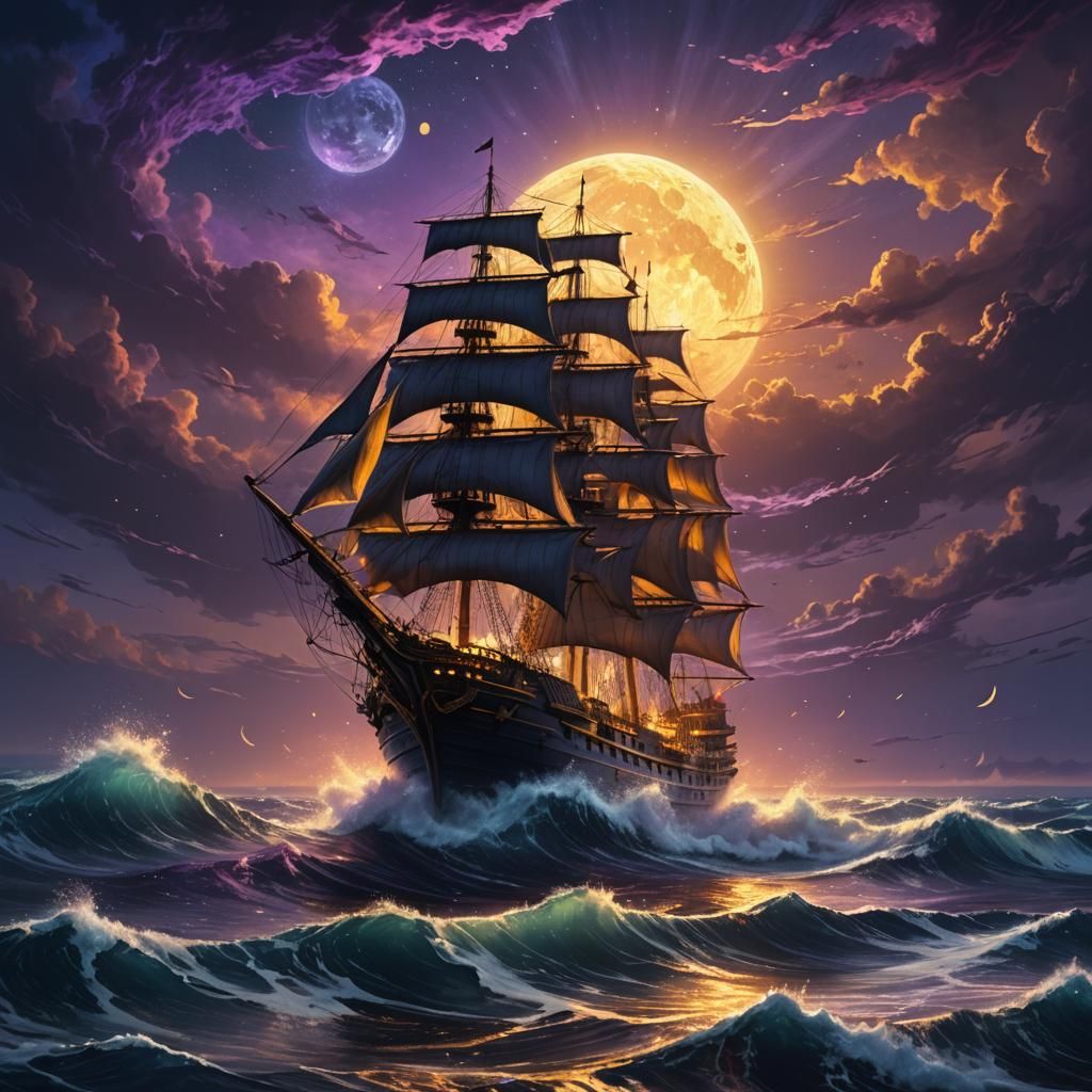 Mystical Ship Sailing Into a Sunset Ocean