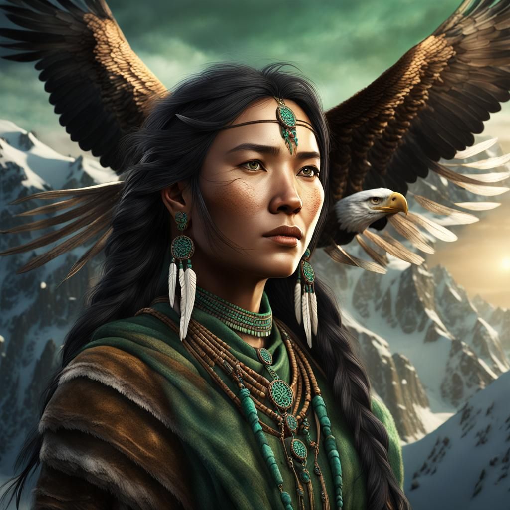Inuit Woman Portrait with Eagle Feather, Matte Painting