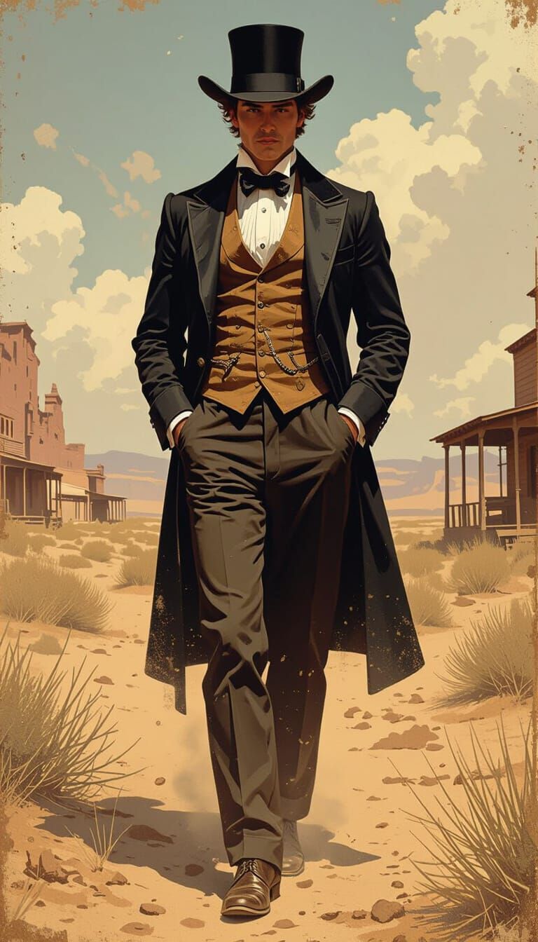 Victorian Man in Old West Landscape: Gritty Illustration