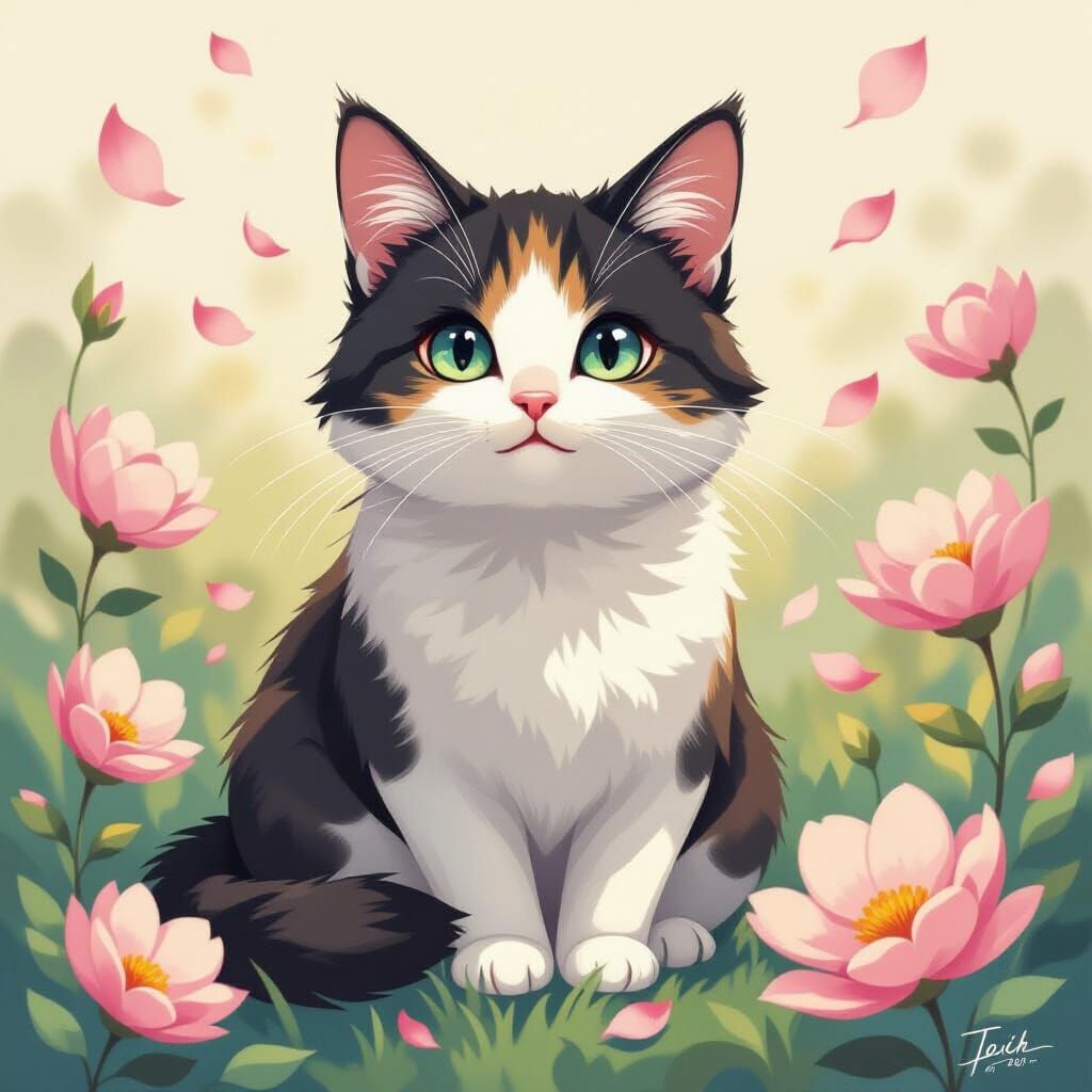 Cat Surrounded by Flowers in Pop Surrealist Style
