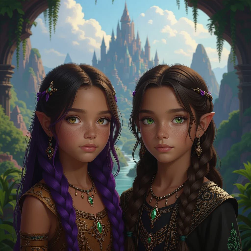 Siblings in Fantastical Landscape, Matte Painting Style