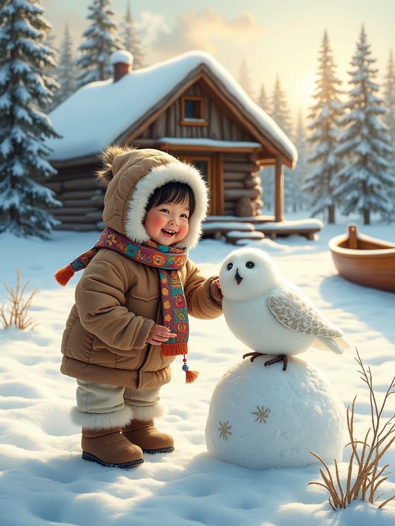 Inuit Girl in Earth-Toned Winter Attire with Snowy Owl Detai...