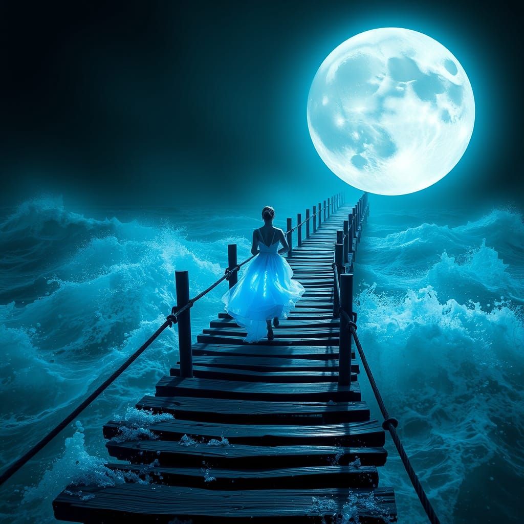 Ethereal Bride Runs Moonlit Bridge in Cyberpunk 2099 Neon