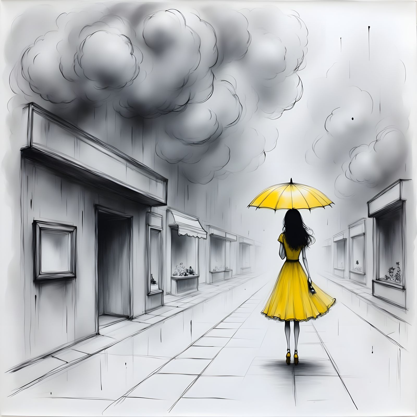 Rainy City Street Scene in Intricately Detailed Ink Drawing....