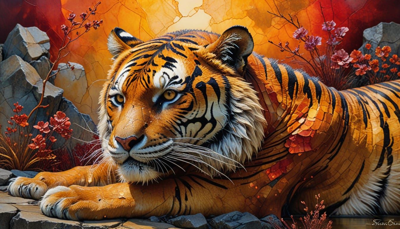 Surreal Tiger Sunset in Thick Impasto Encaustic Style