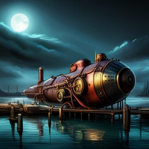 Steampunk Submarine at Dock: Digital Art