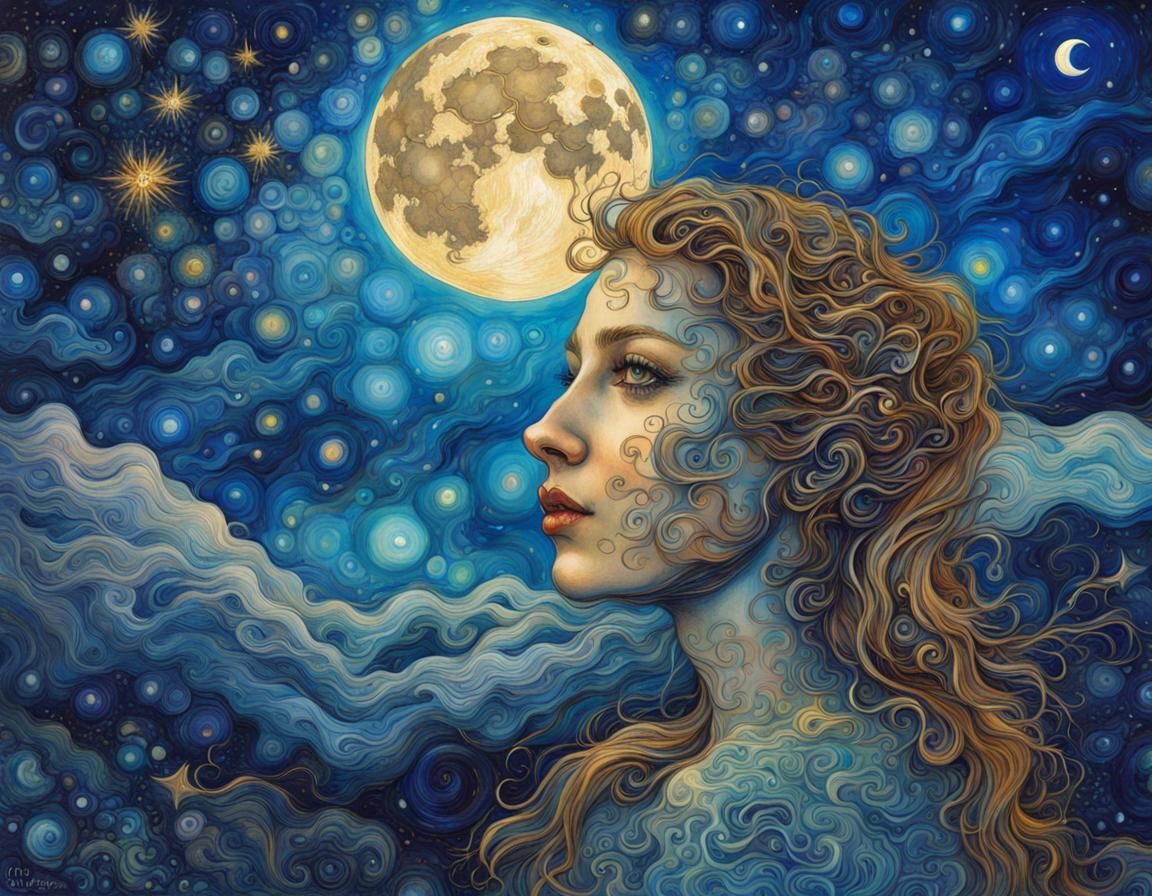 Blue Moon Starry Night Alcohol Ink Illustration