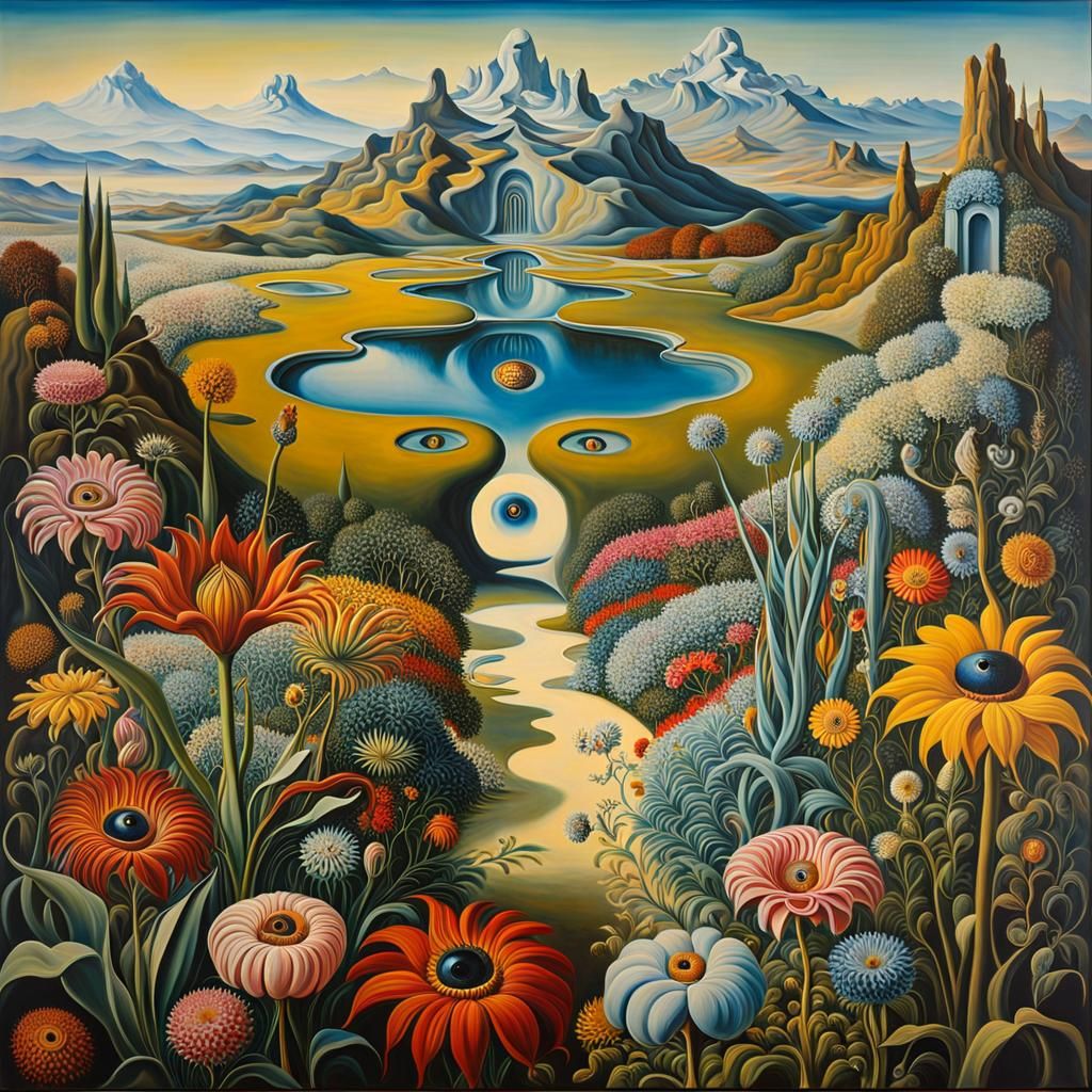 Surreal Garden with Human-Eyed Flowers in Dali Style