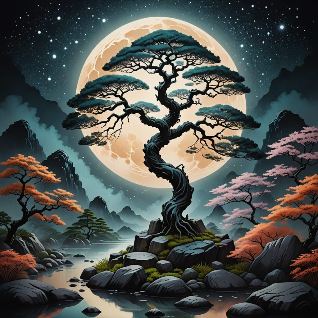 Serene Zen Garden Under Moonlit Japanese Ink Wash