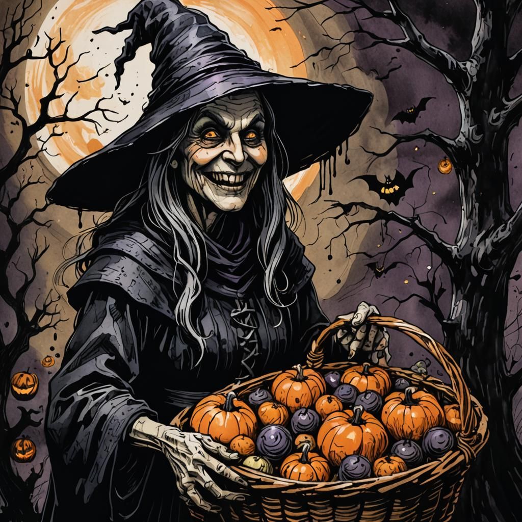 Eerie Witch with Halloween Treats, Ink Drawing